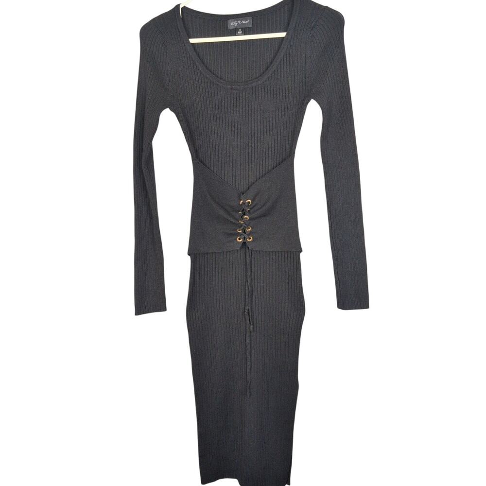 Say What black ribbed knit lace up cinch waist midi dress Size Small Minimal